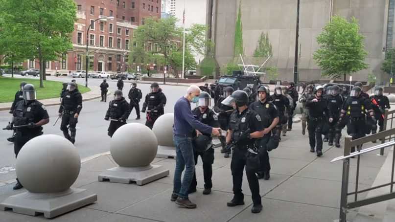 Martin Gugino prior to being shoved by two Buffalo police officers Thursday, June 4, 2020, in Buffalo, New York. Video screengrab via WBFO