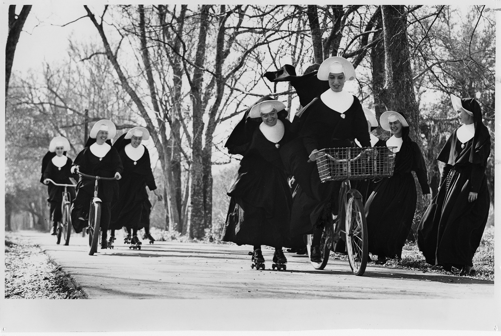 Juniorate members of the Marianites of the Holy Cross turn to bicycling and roller-skating for recreation during a break from spiritual and academic training in New Orleands in 1965. RNS archive photo by Frank Methe. Photo courtesy of Presbyterian Historical Society