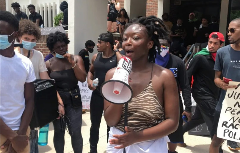 Oluwatoyin Salau, 19, speaks in front of the Tallahassee Police Department during a protest held Saturday, May 30, 2020. Salau went missing on June 6 and was found dead Saturday, June 13, 2020. (Tesia Lisbon/Special to the Democrat via USA Today)