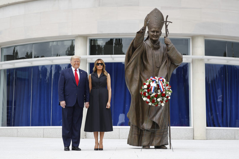 President Donald Trump and first lady Melania Trump visit St. John Paul II National Shrine on June 2, 2020, in Washington. (AP Photo/Patrick Semansky)