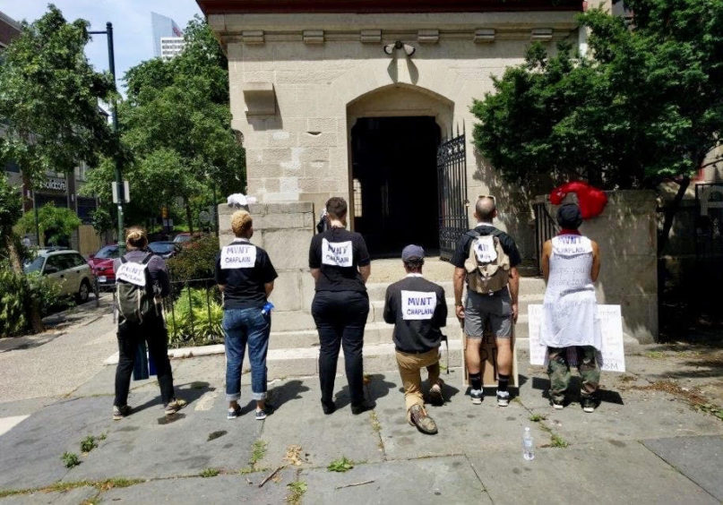Movement Chaplains prepare to join a protest against police violence, gathered outside of First Unitarian Church of Philadelphia, on June 6 in Philadelphia. Photo courtesy of Margaret Ernst