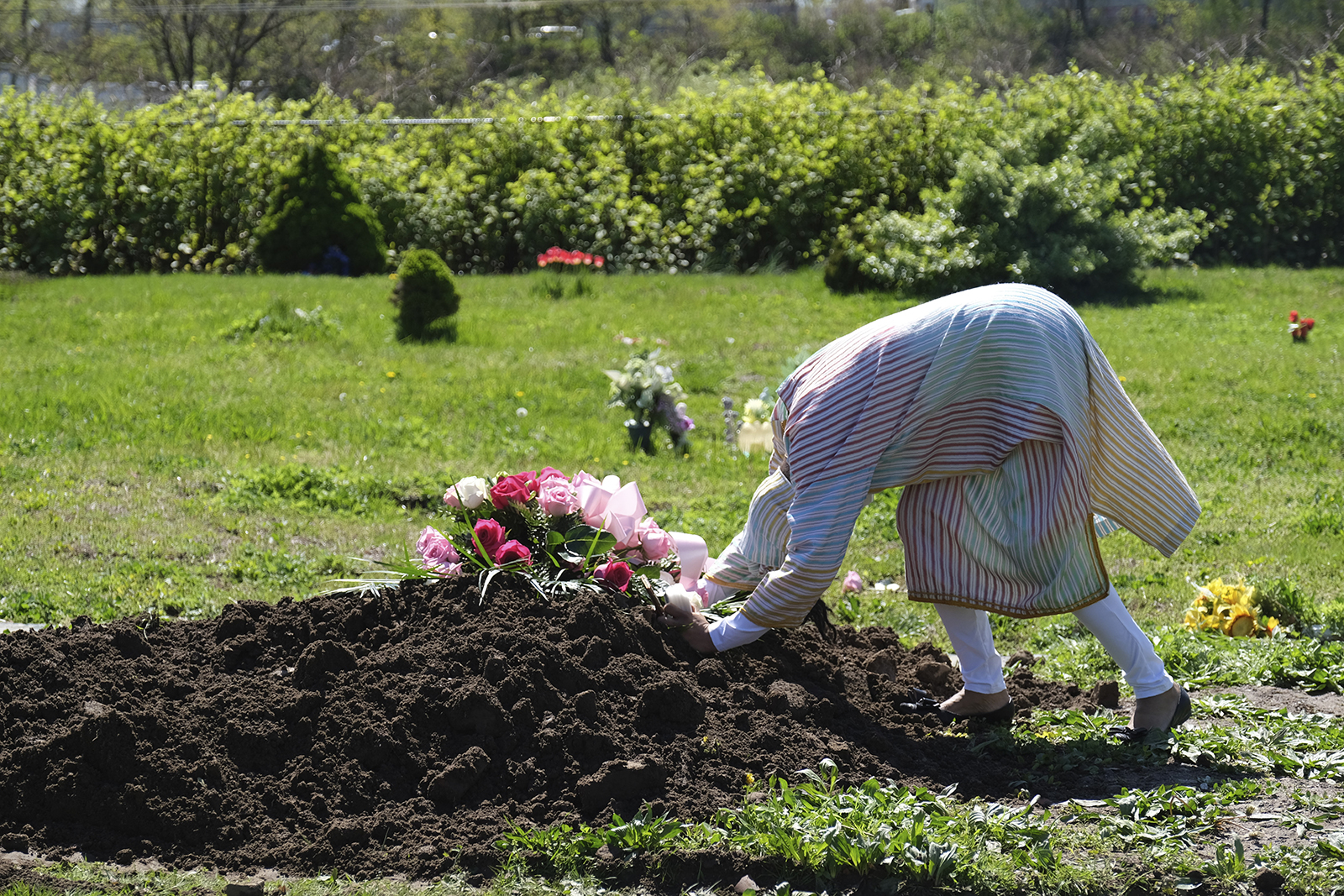 Erika Bermudez becomes emotional as she leans over the grave of her mother, Eudiana Smith, after she was buried in Bayview Cemetery, Saturday, May 2, 2020, in Jersey City, New Jersey. Bermudez was not allowed to approach the gravesite until after cemetery workers had buried her mother completely. Other members of the family and friends stayed in their cars. (AP Photo/Seth Wenig)