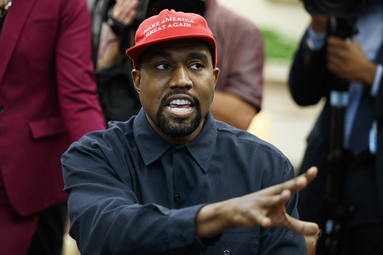 Kanye West speaks during a meeting in the Oval Office of the White House with President Donald Trump, in Washington, Oct. 11, 2018. (AP Photo/Evan Vucci)