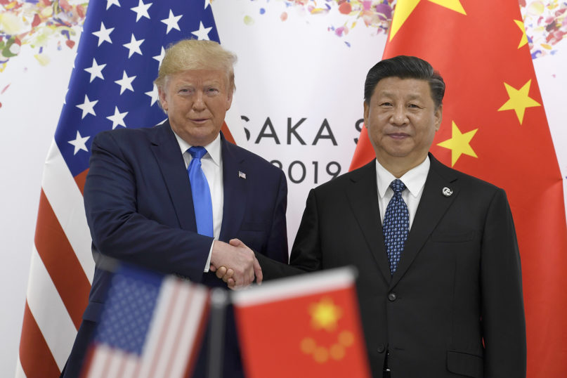 President Donald Trump, left, shakes hands with Chinese President Xi Jinping during a meeting on the sidelines of the G-20 summit in Osaka, Japan, on June 29, 2019. (AP Photo/Susan Walsh)
