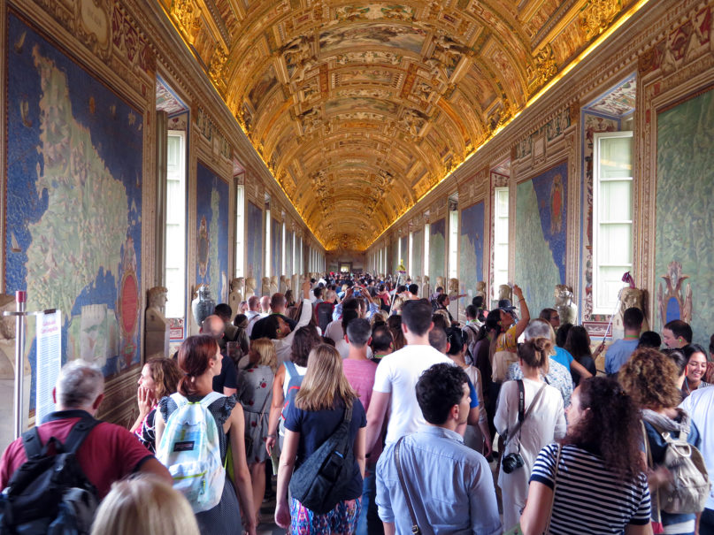 Throngs of tourists crowd the Gallery of Maps at the Vatican Museums in Rome, Sept. 16, 2017. RNS photo by Kit Doyle
