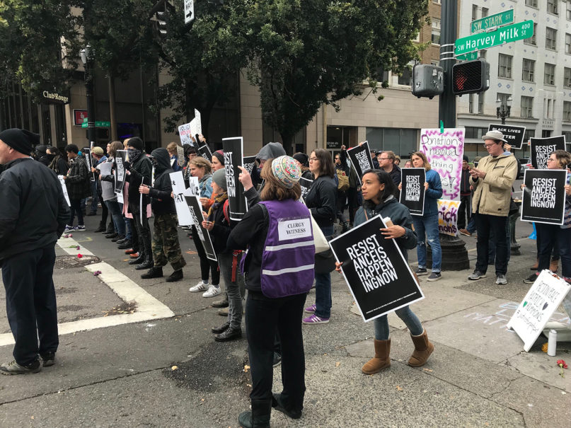 Members of the Portland Interfaith Clergy Resistance wearing purple vests on the streets of downtown Portland, Oregon. Photo courtesy of Rabbi Ariel Stone