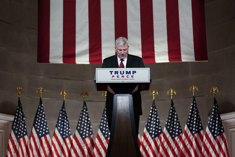 Evangelical leader Franklin Graham tapes his prayer for the fourth day of the Republican National Convention from the Andrew W. Mellon Auditorium in Washington, Thursday, Aug. 27, 2020. (AP Photo/Susan Walsh)