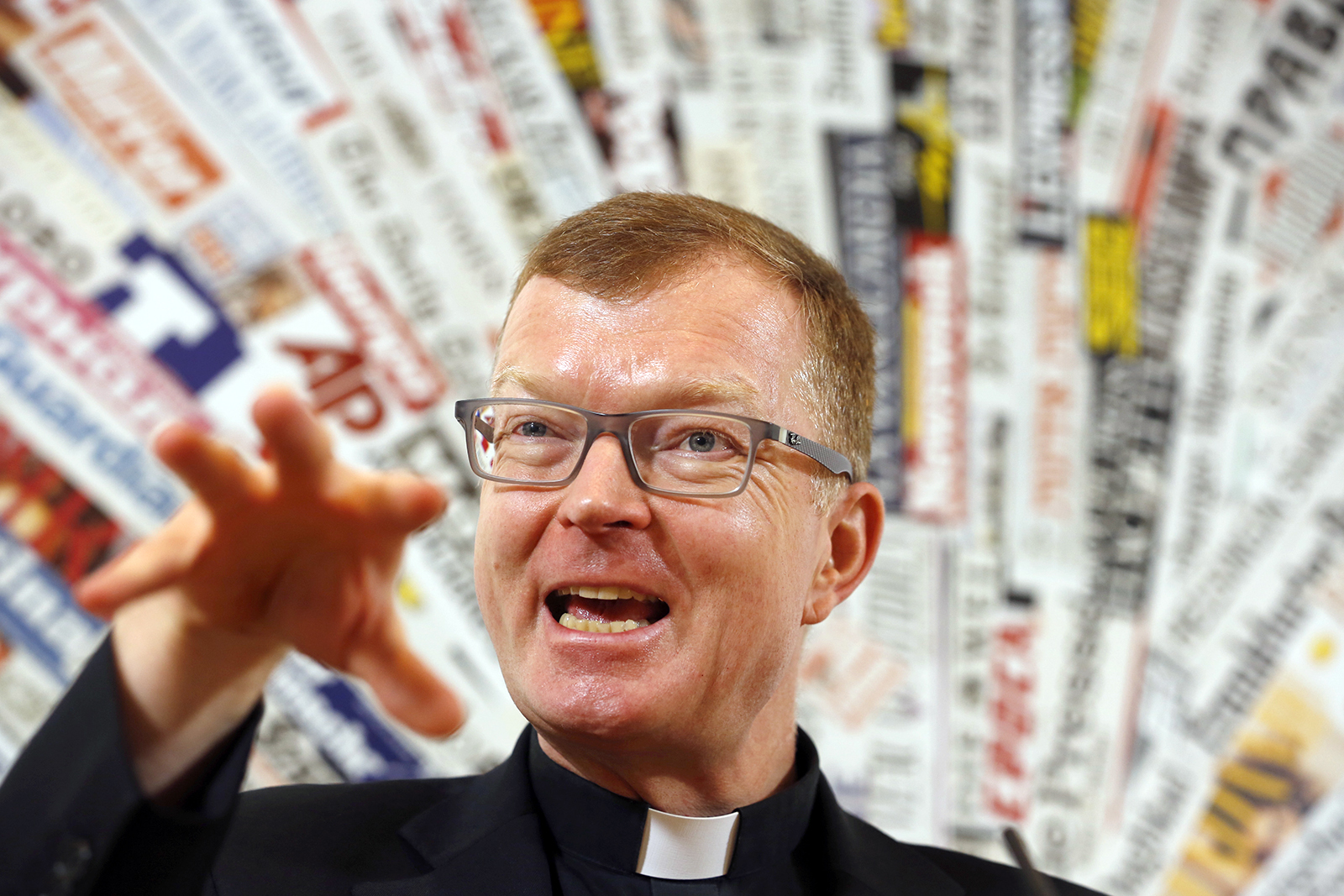 Father Hans Zollner, one of the founding members of the Pontifical Commission for the Protection of Minors, speaks during a press conference at the Foreign Press Association headquarters, in Rome, Thursday, Sept. 27, 2018. (AP Photo/Domenico Stinellis)