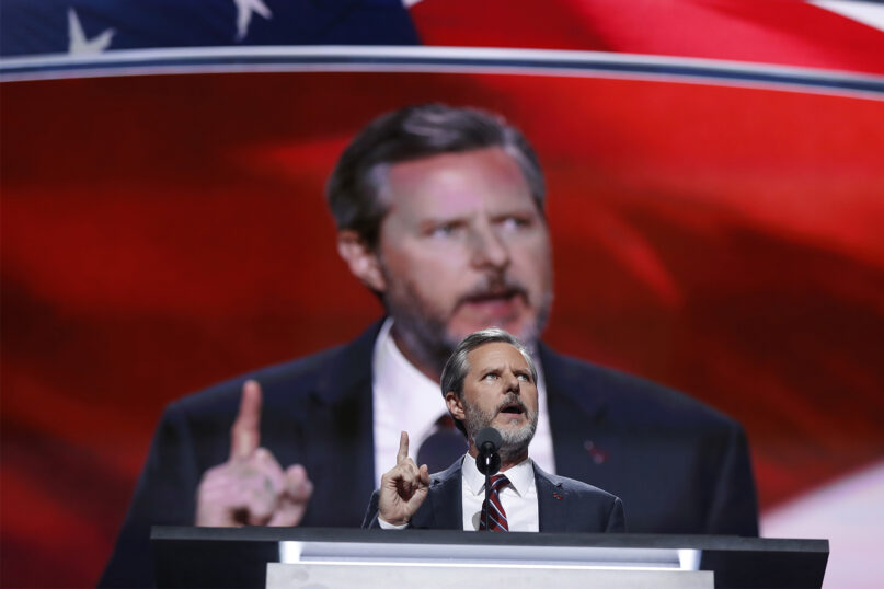 In this July 21, 2016, file photo, Jerry Falwell Jr., president of Liberty University, speaks during the final day of the Republican National Convention in Cleveland. On Aug. 25, 2020, Falwell said that he has submitted his resignation as head of evangelical Liberty University. (AP Photo/Carolyn Kaster)