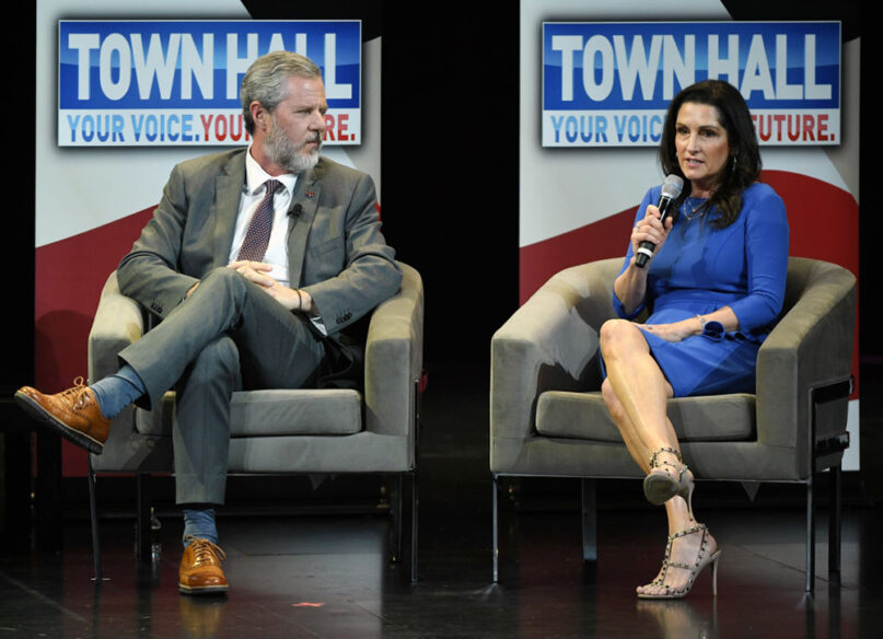 Liberty University President Jerry Falwell Jr., left, and his wife, Becki, speak during a town hall meeting on the opioid crisis as part of first lady Melania's 