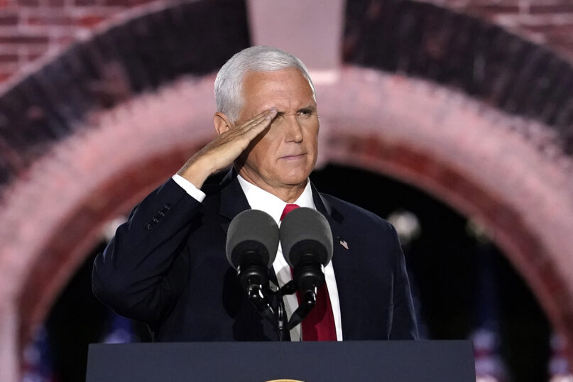 Vice President Mike Pence salutes as he speaks on the third day of the Republican National Convention at Fort McHenry National Monument and Historic Shrine in Baltimore, Wednesday, Aug. 26, 2020. (AP Photo/Andrew Harnik)