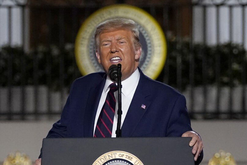 President Donald Trump speaks from the South Lawn of the White House on the fourth day of the Republican National Convention, Thursday, Aug. 27, 2020, in Washington. (AP Photo/Evan Vucci)