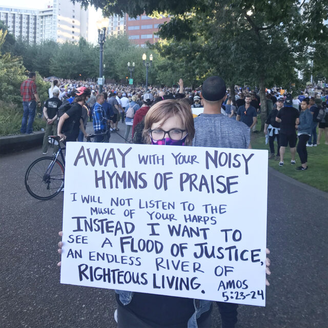 D.L. Mayfield protests a Sean Feucht concert in Portland, Oregon, in August 2020. Photo by Candyce Wani