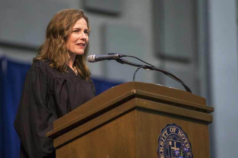 In this May 19, 2018 file photo, Amy Coney Barrett, United States Court of Appeals for the Seventh Circuit judge, speaks during the University of Notre Dame's Law School commencement ceremony at the University of Notre Dame in South Bend, Indiana. (Robert Franklin /South Bend Tribune via AP, File)