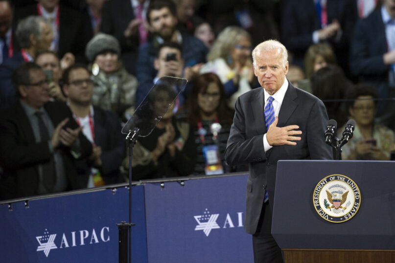 Vice President Joe Biden places his hand over his heart after addressing the American Israel Public Affairs Committee Policy Conference in Washington on March 20, 2016. (AP Photo/Cliff Owen)