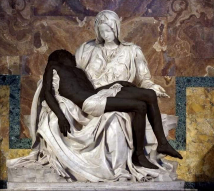 A depiction of the Pietà sculpture by Michelangelo with Jesus as Black. Image via Twitter/@PontAcadLife