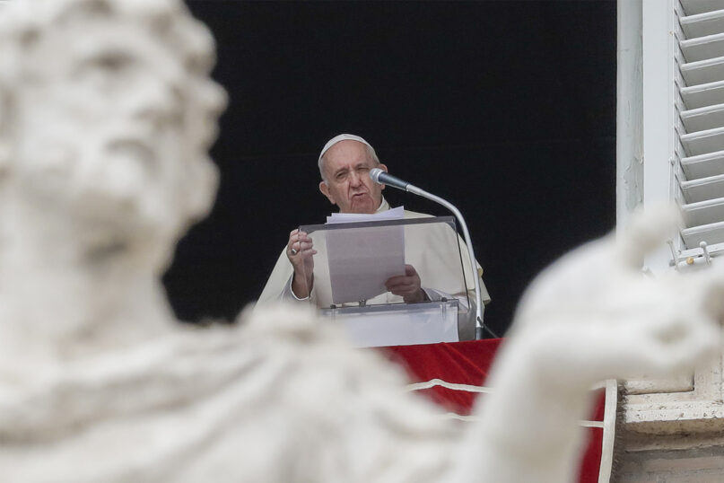 Pope Francis delivers his speech as he recites the Angelus noon prayer from the window of his studio overlooking St. Peter’s 
Square, at the Vatican, on Aug. 30, 2020. A recent homily commenting on abortion and pedophilia by the Rev. Andrea Leonesi in Macerata, Italy, has resurfaced conversations surrounding Pope Francis’ efforts toward child protection in the church. (AP Photo/Andrew Medichini)