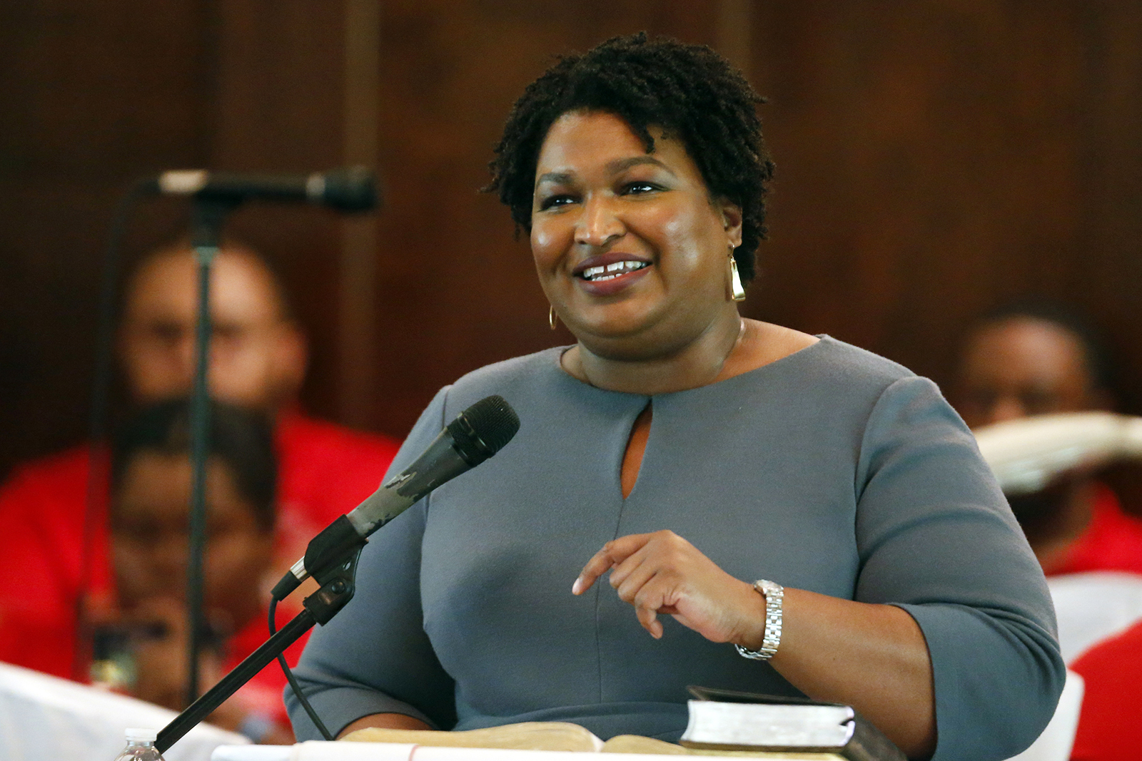 Former gubernatorial candidate and former state Rep. Stacey Abrams speaks to the congregation at Brown Chapel AME Church in Selma , Alabama, on March 1, 2020. (AP Photo/Butch Dill, File)