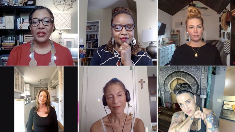 A discussion of the Ally Virtual Tour led by Lisa Sharon Harper, clockwise from top left, with fellow speakers the Rev. Brenda Salter McNeil, Jen Hatmaker, Nadia Bolz-Weber, Alexia Salvatierra and Kirsten Powers. Video screengrab