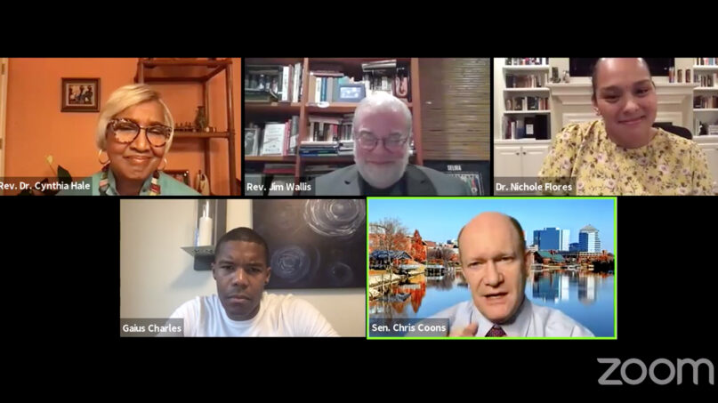 Sen. Chris Coons, D-Delaware, bottom right, speaks during a Believers for Biden virtual meeting with the Rev. Cynthia Hale, Jim Wallis, Nichole M. Flores and Gaius Charles, on Sept. 30, 2020. Video screengrab