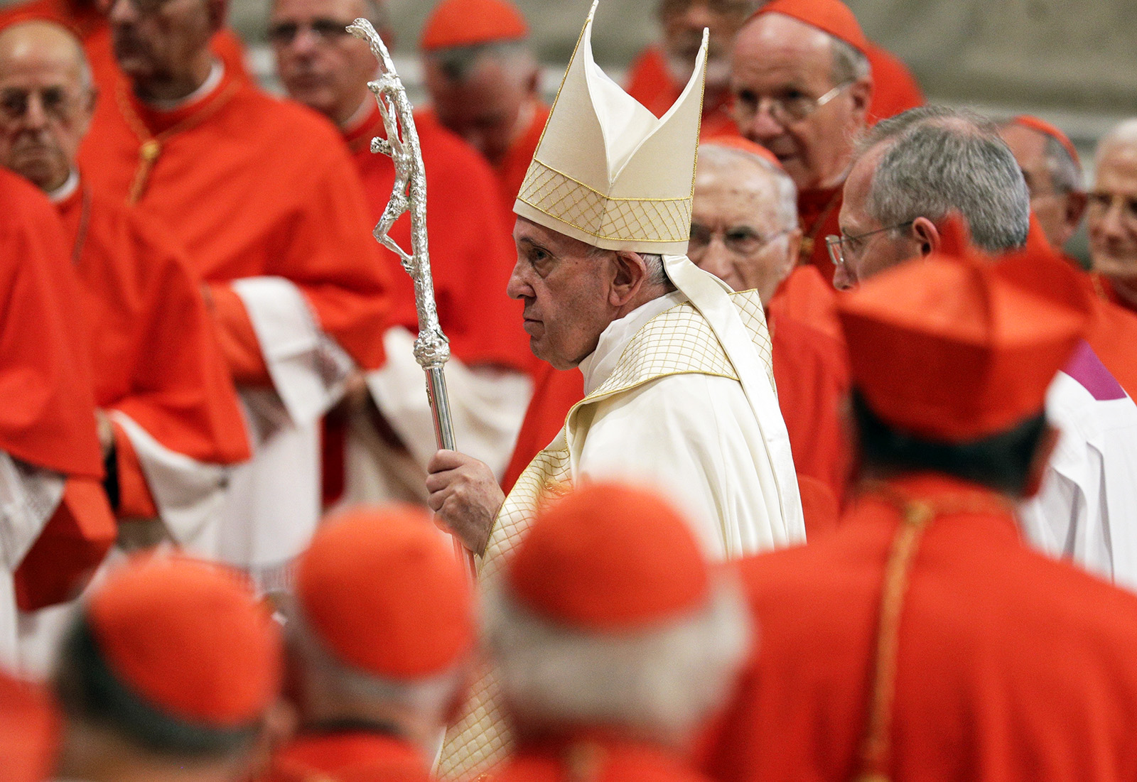 Pope Francis leaves after presiding over a consistory inside St. Peter’s Basilica, at the Vatican, Oct. 5, 2019. (AP Photo/Andrew Medichini)