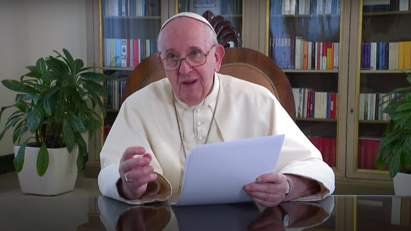 Pope Francis delivers a prerecorded talk that was streamed on Oct. 10, 2020. Video screengrab