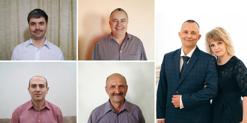 Six Jehovah’s Witnesses who received suspended sentences in Russia. Clockwise from top left: Brother Andrey Tabakov, Brother Mikhail Zelenskiy, Brother and Sister Mysin, Brother Aleksandr Ganin and Brother Khoren Khachikyan. Photo courtesy of Jehovah’s Witnesses