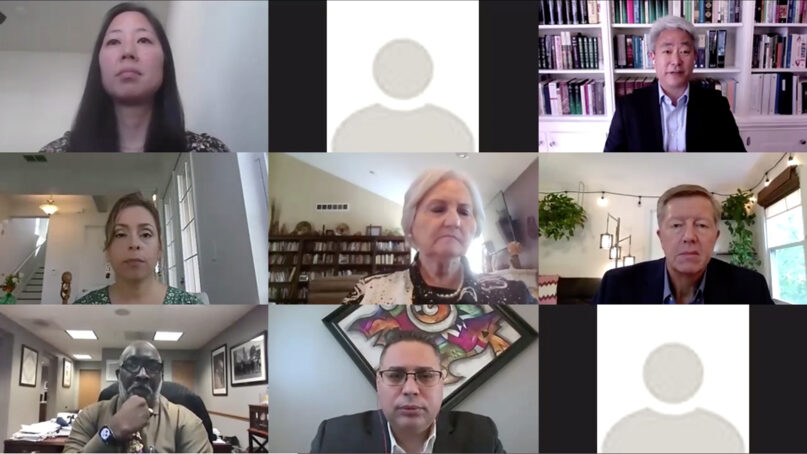 The Rev. Walter Kim, top right, speaks during a conference call about “For the Health of the Nation.” Video screengrab