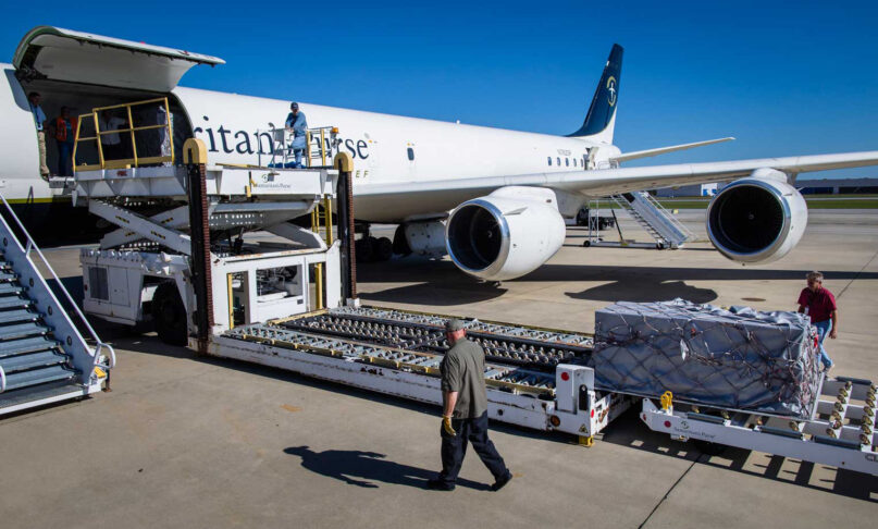 Supplies destined for the Bahamas are loaded onto the Samaritan’s Purse DC-8 airplane Oct. 14, 2020, in Greensboro, North Carolina. Photo courtesy of Samaritan’s Purse