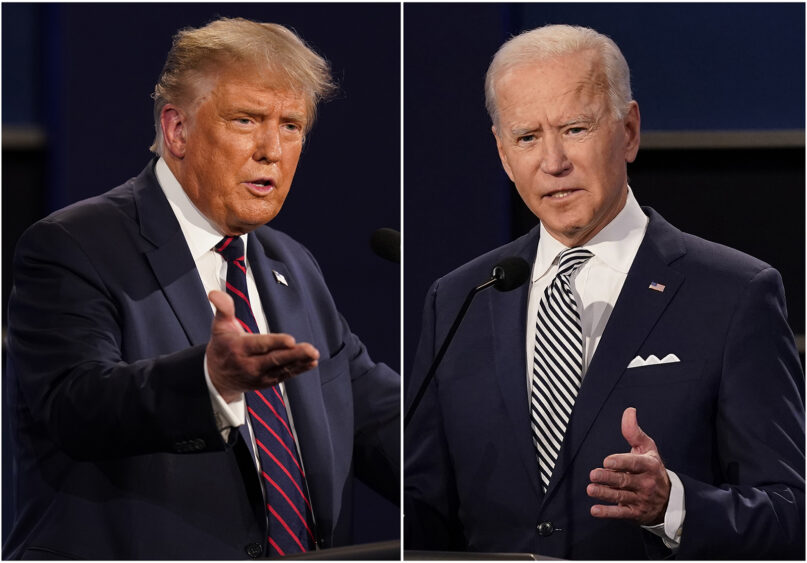 This combination of Sept. 29, 2020, photos shows President Donald Trump, left, and former Vice President Joe Biden during the first presidential debate at Case Western University and Cleveland Clinic, in Cleveland. (AP Photo/Patrick Semansky)