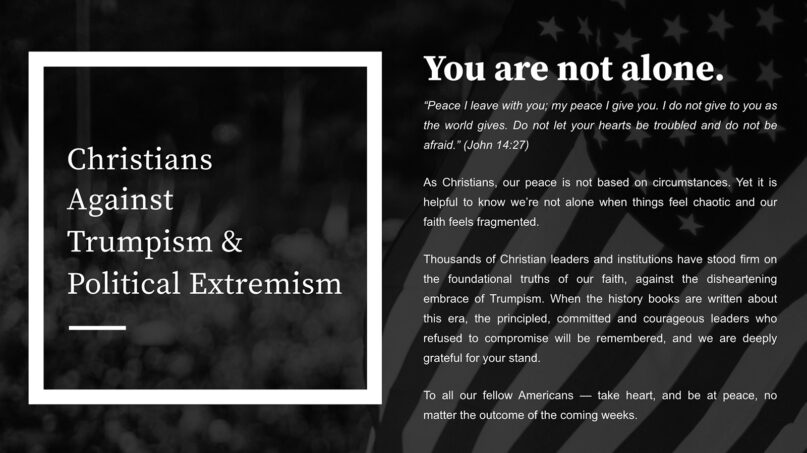 The Christians Against Trumpism & Political Extremism homepage. Screengrab