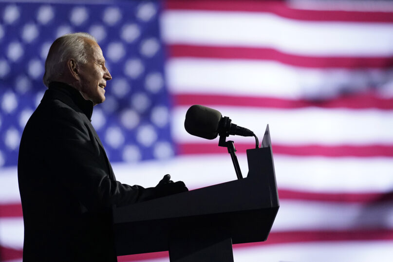 Democratic presidential candidate former Vice President Joe Biden speaks at a drive-in rally at Heinz Field on Nov. 2, 2020, in Pittsburgh. (AP Photo/Andrew Harnik)