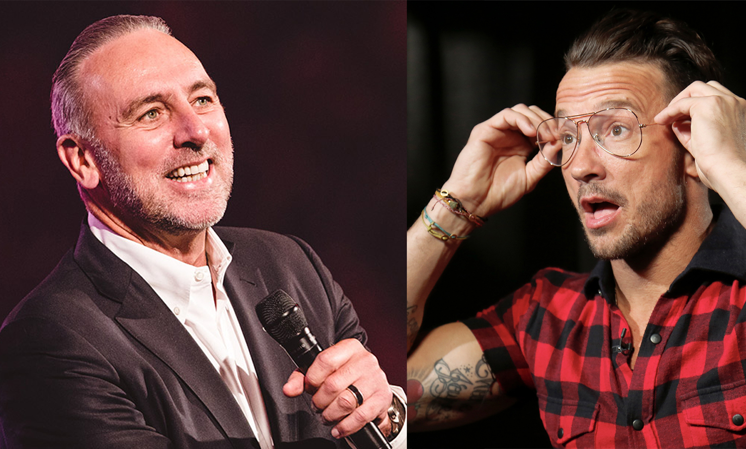 Left: Brian Houston. Image courtesy of hillsong.com. Right: In this October 2017 photo, Carl Lentz, a pastor who ministered to thousands at his Hillsong Church in New York, appears during an interview in New York. (AP Photo/Bebeto Matthews)