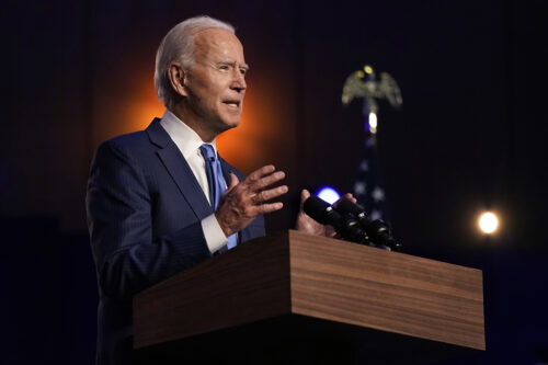 Democratic presidential candidate former Vice President Joe Biden speaks Friday, Nov. 6, 2020, in Wilmington, Delaware. (AP Photo/Carolyn Kaster)