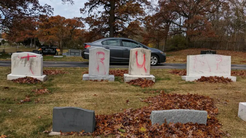 Several tombstones at a Jewish cemetery in Grand Rapids, Michigan, were desecrated with the phrases “Trump” and “MAGA” in red spray paint at some point before Monday morning, according to the Anti-Defamation League. Photo courtesy of the Anti-Defamation League