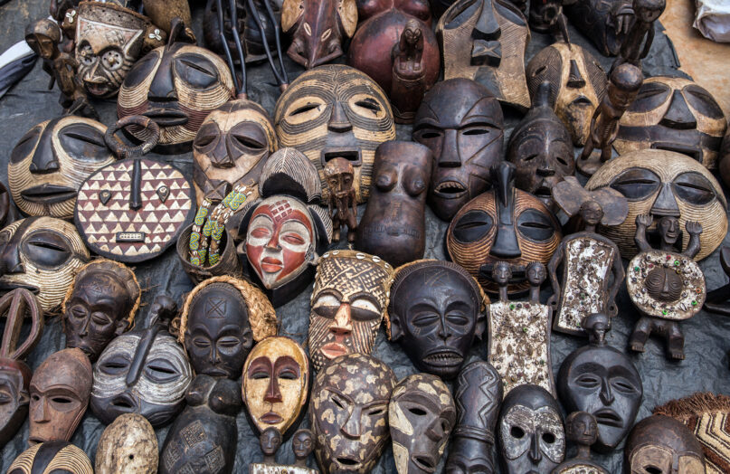 African masks on display at a market in Nairobi, Kenya, in May 2015. Photo by Ninaras/Creative Commons
