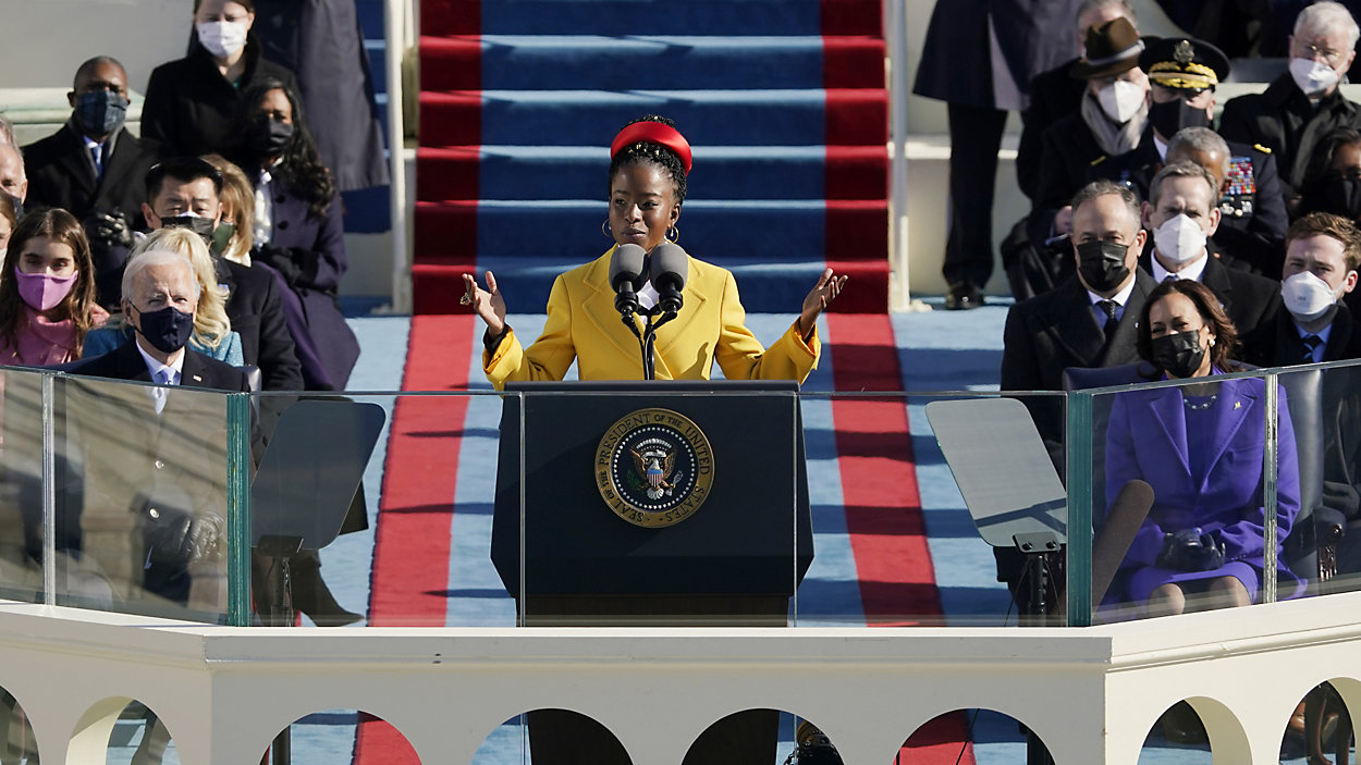 National youth poet laureate Amanda Gorman recites her inaugural poem during the 59th Presidential Inauguration at the U.S. Capitol in Washington, Jan. 20, 2021. (AP Photo/Patrick Semansky, Pool)