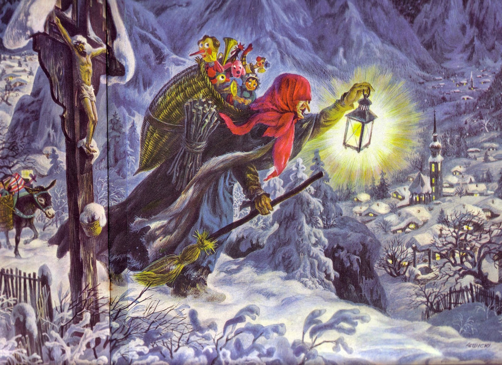 La Befana, the Italian Epiphany witch. Painting by James Lewicki, from “The Golden Book of Christmas Tales” 1956