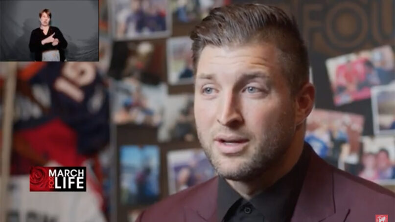 Athlete Tim Tebow addresses the virtual 48th Annual March for Life, Friday, Jan. 29, 2021. Video screengrab