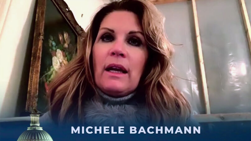 Former U.S. Rep. Michele Bachmann prays during a call for Trump supporters on Wednesday, Jan. 6, 2021. Video screengrab
