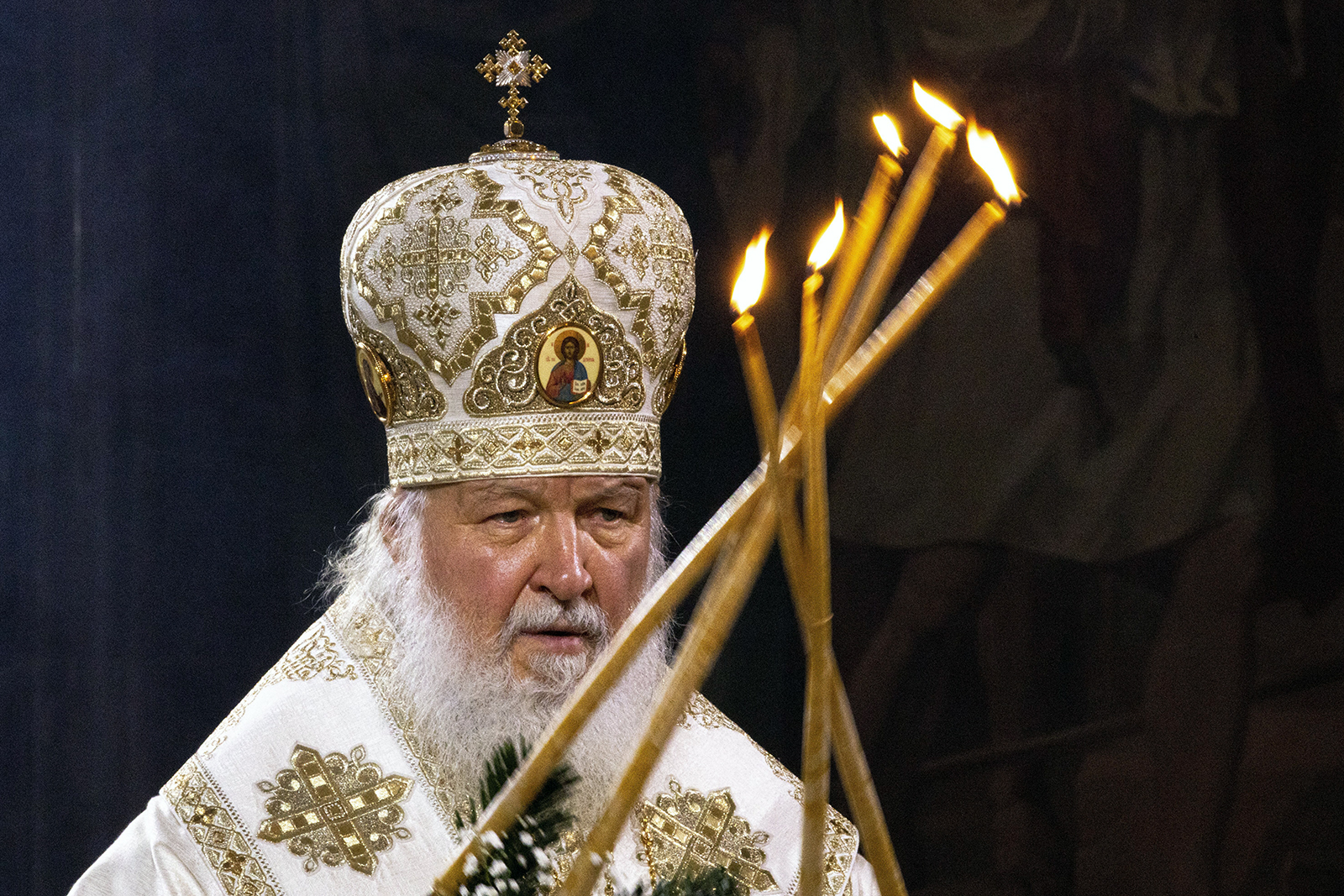 Russian Orthodox Patriarch Kirill in the Christ the Saviour Cathedral in Moscow, Russia, early Thursday, Jan. 7, 2021. (AP Photo/Alexander Zemlianichenko)