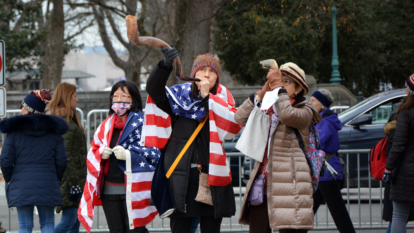 Women blow shofars during the Jericho March on Jan. 5, 2020, in Washington. RNS photo by Jack Jenkins