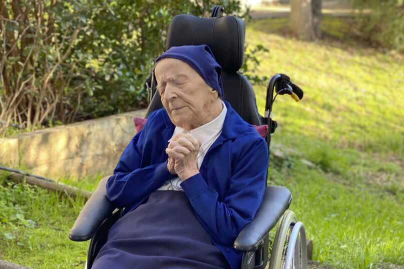 This photo provided by the Sainte-Catherine Laboure care home communications manager shows Lucile Randon, Sister Andre's birth name, in Toulon, southern France, on Feb. 10, 2021. A 116-year-old French nun who is believed to be the world’s second-oldest person has survived COVID-19. French media reported that Sister André tested positive for the coronavirus in mid-January in France’s southern city of Toulon. (Sainte-Catherine Laboure care home/ David Tavella via AP)
