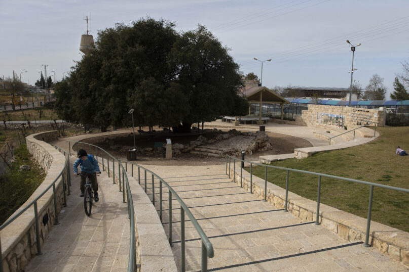 An Israeli Jewish settler youth rides a bicycle at a small promenade near the Israeli West Bank settlement of Alon Shvut on Feb. 22, 2021. Generations of Jews have dropped spare change into the iconic blue boxes of the Jewish National Fund, a 120-year-old Zionist organization that acquires land, plants trees and carries out development projects in the Holy Land. But the Israeli group, known by its Hebrew acronym KKL, is now considering formally expanding its activities into the occupied West Bank. That has sparked fierce opposition from left-leaning Jewish groups in the United States, deepening a rift between them and the increasingly right-wing Israeli government. (AP Photo/Sebastian Scheiner)