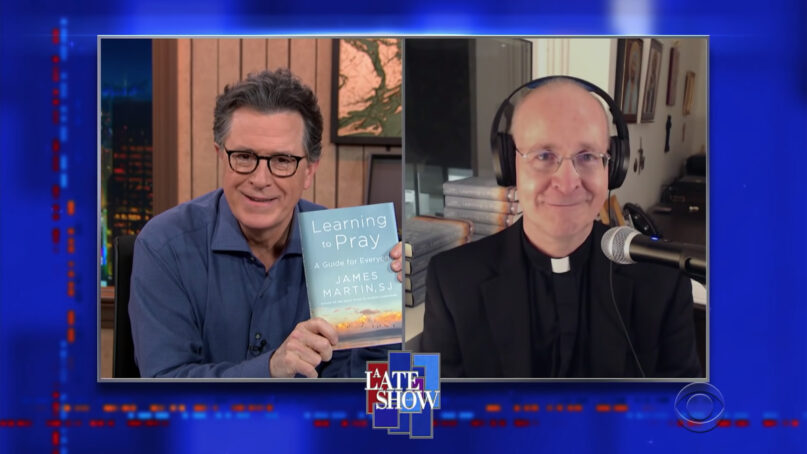 Stephen Colbert, left, interviews the Rev. James Martin, Feb. 3, 2021, on “A Late Show with Stephen Colbert” on CBS. Video screengrab via CBS