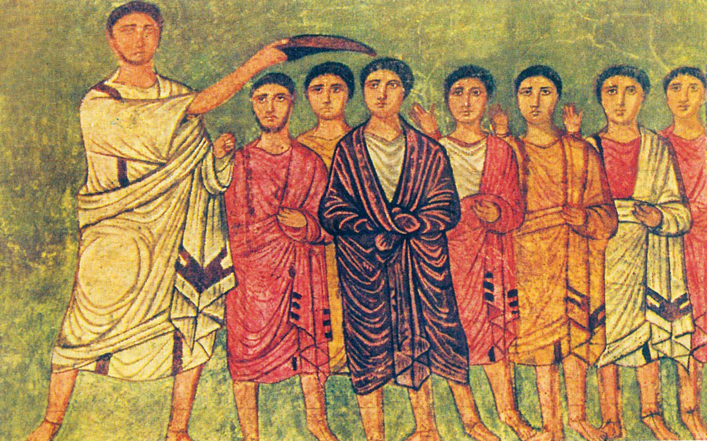 David, center wearing purple, is anointed king by Samuel. Image from the Dura Europos Synagogue, Syria, 3rd century AD. Image courtesy of Creative Commons