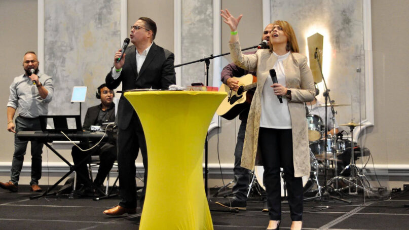 The Revs. Gabriel and Jeanette Salguero lead a service at their Assemblies of God church. Courtesy photo