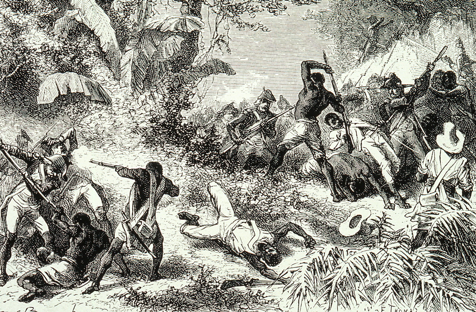 Combat entre les esclaves et l'armée française lors de la révolution haïtienne, en 1791. (Image by API/Gamma-Rapho via Getty Images)