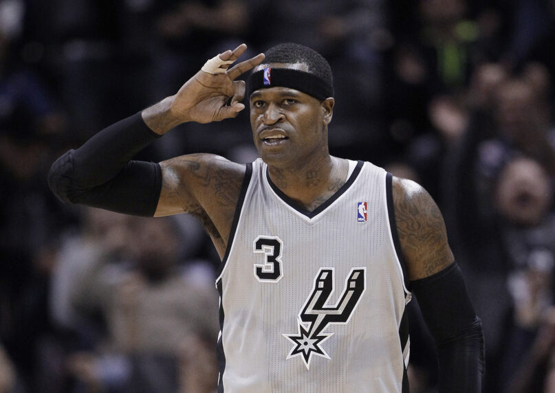 San Antonio Spurs' Stephen Jackson signals after he made a 3-pointer during an NBA basketball game Jan. 13, 2013, in San Antonio. (AP Photo/Eric Gay)