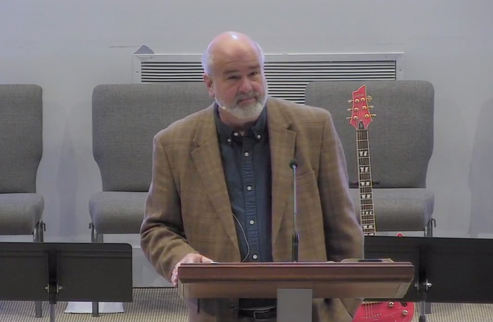 The Rev. Jim Conrad preaches at Towne View Baptist Church on Feb. 14, 2021, in Kennesaw, Georgia. Video screengrab